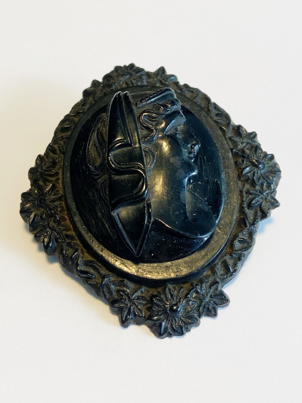 Antique Victorian Mourning Cameo Brooch - black Bog Oak